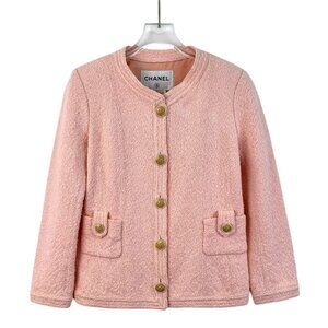 Chanel Pink Tweed Button-Up Cardigan Coat With Pearl-Trimmed CC Buttons  XXS Siz